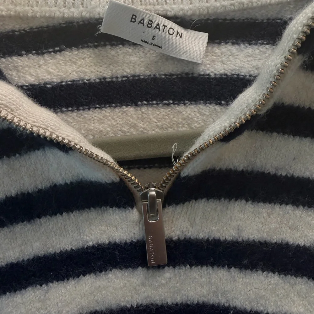 Babaton Aritzia Merino Wool Striped Half Zip Sweater Small Navy Cream